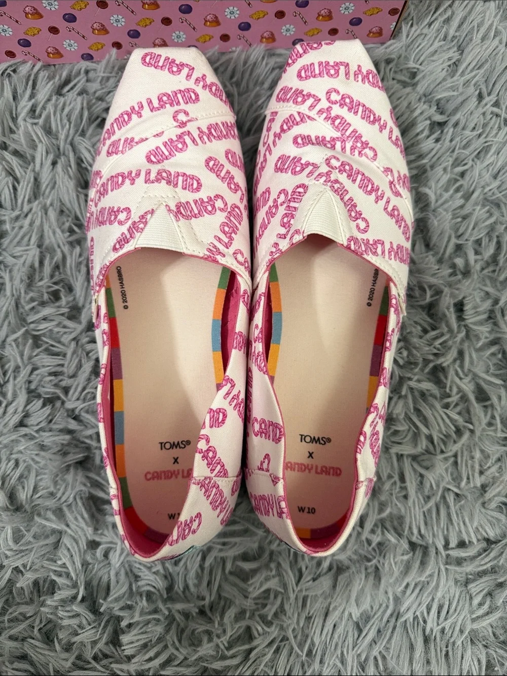 Toms Women's White Canvas Slip-Ons with Pink Candy Land Print